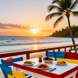 Caribbean Holidays, Guadeloupe Beach Holidays, Colourful Guadeloupe seaside restaurant at sunset, serving Creole food with the Caribbean coast in the background