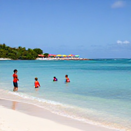 Caribbean Holidays, Guadeloupe Beach Holidays, Family-friendly Guadeloupe beach with calm shallow water, colourful umbrellas and visitors swimming in January sunshine