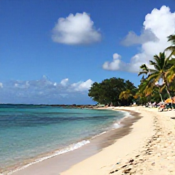 Caribbean Holidays, Guadeloupe Beach Holidays, Grande-Terre beach in Guadeloupe with calm turquoise shallows, soft pale sand, palm trees and holidaymakers enjoying a sunny August afternoon