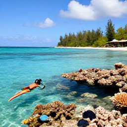 Caribbean Holidays, Guadeloupe Beach Holidays, Snorkeller exploring clear Caribbean water beside a coral reef in Guadeloupe, with tropical fish and a sandy beach beyond