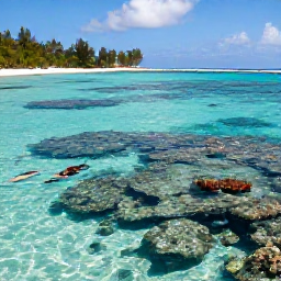 Caribbean Holidays, Guadeloupe Beach Holidays, Snorkellers exploring clear Caribbean water over a colourful reef near Guadeloupe, with tropical fish, coral and a sunny shoreline in the background