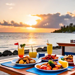 Caribbean Holidays, Guadeloupe Beaches, A colourful Guadeloupe seaside restaurant serving fresh seafood, tropical fruit and rum cocktails at sunset