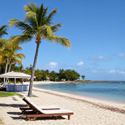 Caribbean Holidays, Guadeloupe Beaches, A relaxed Guadeloupe beach scene with sun loungers, swaying palms, calm Caribbean water and a small beach caf&eacute;