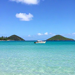 Caribbean Holidays, Guadeloupe Beaches, A small boat travelling across clear Caribbean water towards the islands of Guadeloupe, with green hills and a sunny July sky