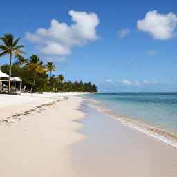 Caribbean Holidays, Guadeloupe Beaches, A wide tropical beach in Guadeloupe in July, with calm turquoise water, pale sand, palm trees and a bright blue sky