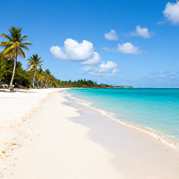 Caribbean Holidays, Guadeloupe Beaches, A wide white-sand beach in Guadeloupe with clear turquoise water, palm trees and warm March sunshine