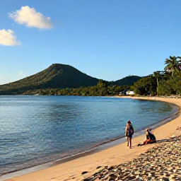 Caribbean Holidays, Guadeloupe Beaches, Anse du Souffleur beach in Guadeloupe with calm blue water, golden sand, green hills and a couple enjoying a peaceful November afternoon