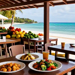 Caribbean Holidays, Guadeloupe Beaches, Relaxed beachfront restaurant in Guadeloupe serving Creole food, with colourful market produce and the Caribbean sea visible beyond