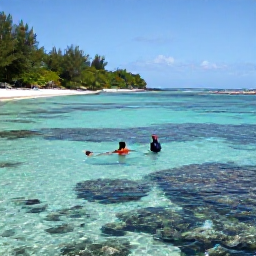 Caribbean Holidays, Guadeloupe Beaches, Visitors snorkelling in clear shallow water beside a coral reef in Guadeloupe, with tropical fish and a sandy beach nearby
