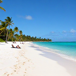 Caribbean Holidays, Guadeloupe Beaches, Wide white-sand beach on Grande-Terre, Guadeloupe, with turquoise Caribbean water, palm trees and a few relaxed sunbathers in November sunshine