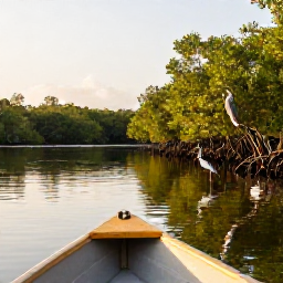 Caribbean Holidays, Guadeloupe Birdwatching, A calm Guadeloupe mangrove lagoon with a heron and egret among roots, viewed from a small boat in warm afternoon light