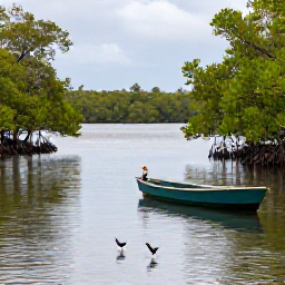Caribbean Holidays, Guadeloupe Birdwatching, A calm mangrove lagoon in Guadeloupe with a small boat and wading birds beside the roots