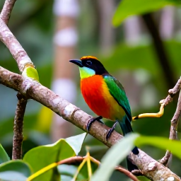 Caribbean Holidays, Guadeloupe Birdwatching, A colourful Guadeloupean bird perched among lush tropical foliage in a rainforest setting