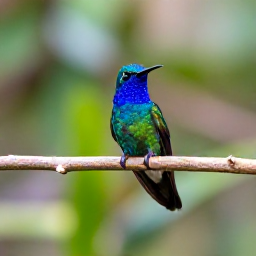 Caribbean Holidays, Guadeloupe Birdwatching, A colourful Guadeloupean hummingbird perched on a tropical branch in lush rainforest, soft morning light