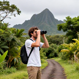 Caribbean Holidays, Guadeloupe Birdwatching, A friendly traveller using binoculars beside a tropical trail in Guadeloupe with mountains and forest in the background
