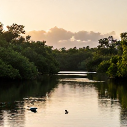Caribbean Holidays, Guadeloupe Birdwatching, A quiet mangrove lagoon in Guadeloupe with wading birds and a small canoe at sunrise