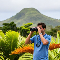Caribbean Holidays, Guadeloupe Birdwatching, A relaxed birdwatching scene in Guadeloupe countryside, with binoculars, tropical vegetation and a distant Caribbean hillside