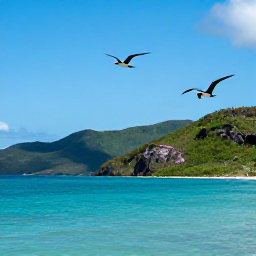Caribbean Holidays, Guadeloupe Birdwatching, A tropical Guadeloupe coastline with seabirds flying above turquoise water and green hills