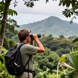 Caribbean Holidays, Guadeloupe Birdwatching, Birdwatcher overlooking lush Guadeloupe rainforest with binoculars, tropical greenery and distant Caribbean hills
