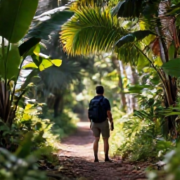 Caribbean Holidays, Guadeloupe Birdwatching, Birdwatcher standing on a quiet forest trail in Guadeloupe in October, surrounded by lush tropical vegetation and soft morning light