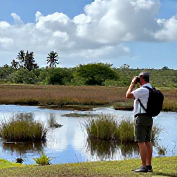 Caribbean Holidays, Guadeloupe Birdwatching, Birdwatcher using binoculars beside a quiet Caribbean wetland in Guadeloupe