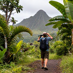 Caribbean Holidays, Guadeloupe Birdwatching, Birdwatcher using binoculars on a rainforest trail in Guadeloupe with tropical vegetation and mountain scenery