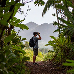 Caribbean Holidays, Guadeloupe Birdwatching, Birdwatcher using binoculars on a shaded Guadeloupe rainforest path, tropical foliage and mountain scenery in the background