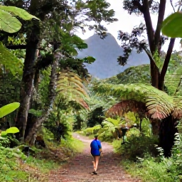Caribbean Holidays, Guadeloupe Birdwatching, Birdwatcher walking along a rainforest trail in Basse-Terre, Guadeloupe, surrounded by broad-leaved trees, ferns and tropical mountain scenery
