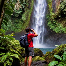Caribbean Holidays, Guadeloupe Birdwatching, Birdwatcher walking through rainforest near Guadeloupe waterfalls with binoculars