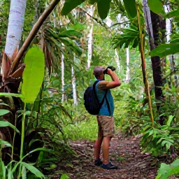 Caribbean Holidays, Guadeloupe Birdwatching, Birdwatcher with binoculars on a forest trail in Guadeloupe National Park, surrounded by tropical vegetation