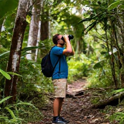Caribbean Holidays, Guadeloupe Birdwatching, Birdwatcher with binoculars on a forest trail in Guadeloupe National Park