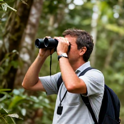Caribbean Holidays, Guadeloupe Birdwatching, Birdwatcher with binoculars on a rainforest trail in Basse-Terre, Guadeloupe, July