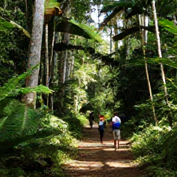Caribbean Holidays, Guadeloupe Birdwatching, Birdwatchers exploring a forest trail in Guadeloupe's Basse-Terre rainforest, with tall tropical trees and filtered sunlight