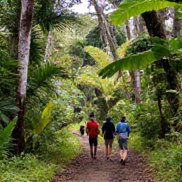 Caribbean Holidays, Guadeloupe Birdwatching, Birdwatchers walking quietly along a rainforest trail in Guadeloupe National Park beneath tall tropical trees
