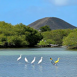 Caribbean Holidays, Guadeloupe Birdwatching, Colourful Caribbean birds and white herons beside a calm coastal lagoon in Guadeloupe, with mangroves and low hills in the background