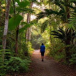 Caribbean Holidays, Guadeloupe Birdwatching, Colourful Guadeloupe forest with a birdwatcher following a woodland trail in soft morning light