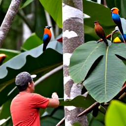 Caribbean Holidays, Guadeloupe Birdwatching, Colourful Guadeloupe forest with a birdwatcher viewing a brown trembler and tropical birds among broad green leaves