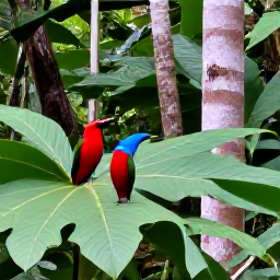 Caribbean Holidays, Guadeloupe Birdwatching, Colourful Guadeloupe forest with birdwatcher spotting tropical birds among broad leaves and tall trees