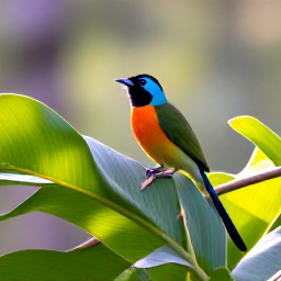 Caribbean Holidays, Guadeloupe Birdwatching, Colourful Guadeloupean birds perched in lush tropical forest, with soft morning light and broad green leaves