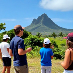 Caribbean Holidays, Guadeloupe Birdwatching, Friendly birdwatching guide and visitors in a sunny Guadeloupe nature reserve, tropical landscape in the background