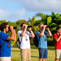 Caribbean Holidays, Guadeloupe Birdwatching, Friendly travellers enjoying a relaxed birdwatching morning in Guadeloupe with binoculars, tropical plants and blue sky