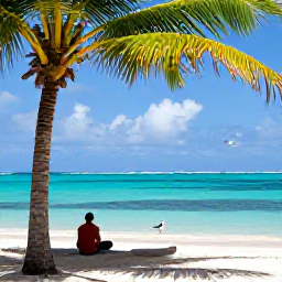 Caribbean Holidays, Guadeloupe Birdwatching, Guadeloupe coastal reserve with seabirds, palms and a birdwatcher overlooking a bright Caribbean bay