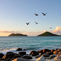 Caribbean Holidays, Guadeloupe Birdwatching, Guadeloupe coastline at sunrise with seabirds flying above turquoise water, rocky shore and distant green islands
