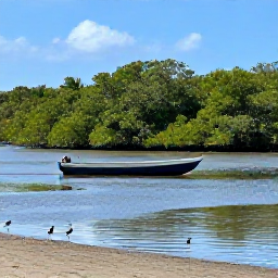 Caribbean Holidays, Guadeloupe Birdwatching, Guadeloupe mangrove lagoon at low tide with wading birds, small boats and bright February sunshine