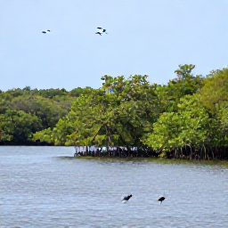 Caribbean Holidays, Guadeloupe Birdwatching, Guadeloupe mangrove lagoon with wading birds and calm water under a bright May sky