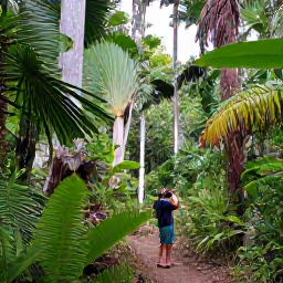 Caribbean Holidays, Guadeloupe Birdwatching, Guadeloupe rainforest trail on Basse-Terre with a birder using binoculars beneath tall tropical trees