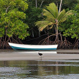 Caribbean Holidays, Guadeloupe Birdwatching, Muddy mangrove lagoon in Guadeloupe with a small boat, mangrove roots and wading birds in calm October light