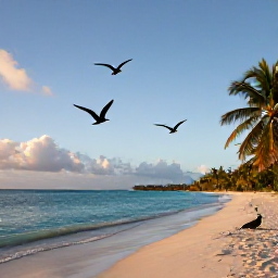 Caribbean Holidays, Guadeloupe Birdwatching, Quiet Caribbean beach in Guadeloupe at sunrise, with seabirds flying over turquoise water and palm trees