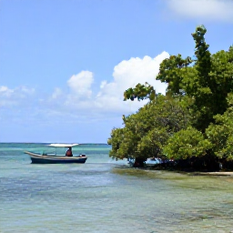 Caribbean Holidays, Guadeloupe Birdwatching, Quiet Guadeloupe wetland and mangrove coastline with a small birdwatching boat in January sunshine