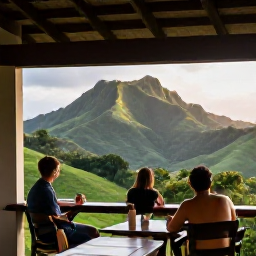 Caribbean Holidays, Guadeloupe Birdwatching, Relaxed birdwatchers enjoying a shaded terrace overlooking green Guadeloupean hills at the end of the day